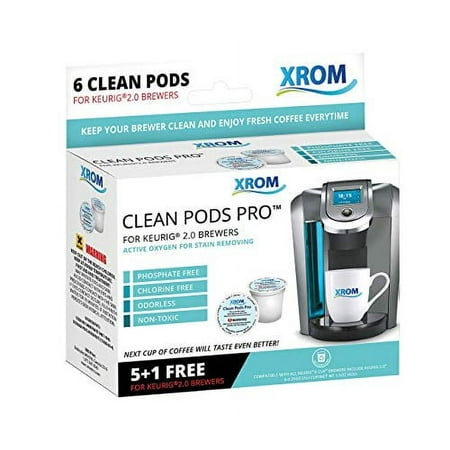 XROM Professional Cleaning Pods Compatible with All Keurig K-Cup 2.0 Brewers, Coffee Stain Removing, All Natural Ingredients, Biodegradable, 6 Cup per Pack.