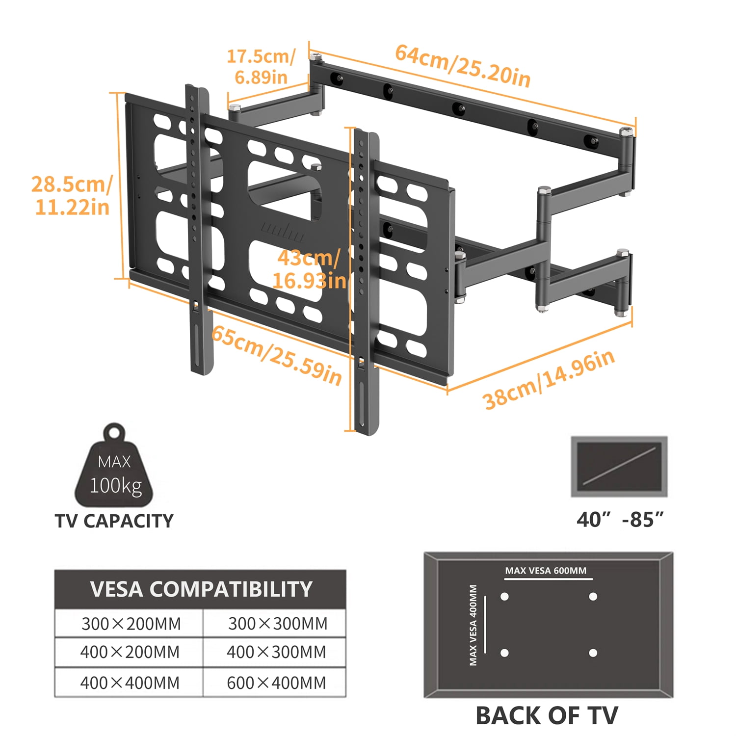 40"-85" Large TV Wall Mount Swivel Bracket for LED LCD Flat TVs 220lb Loading,VESA 600x400mm