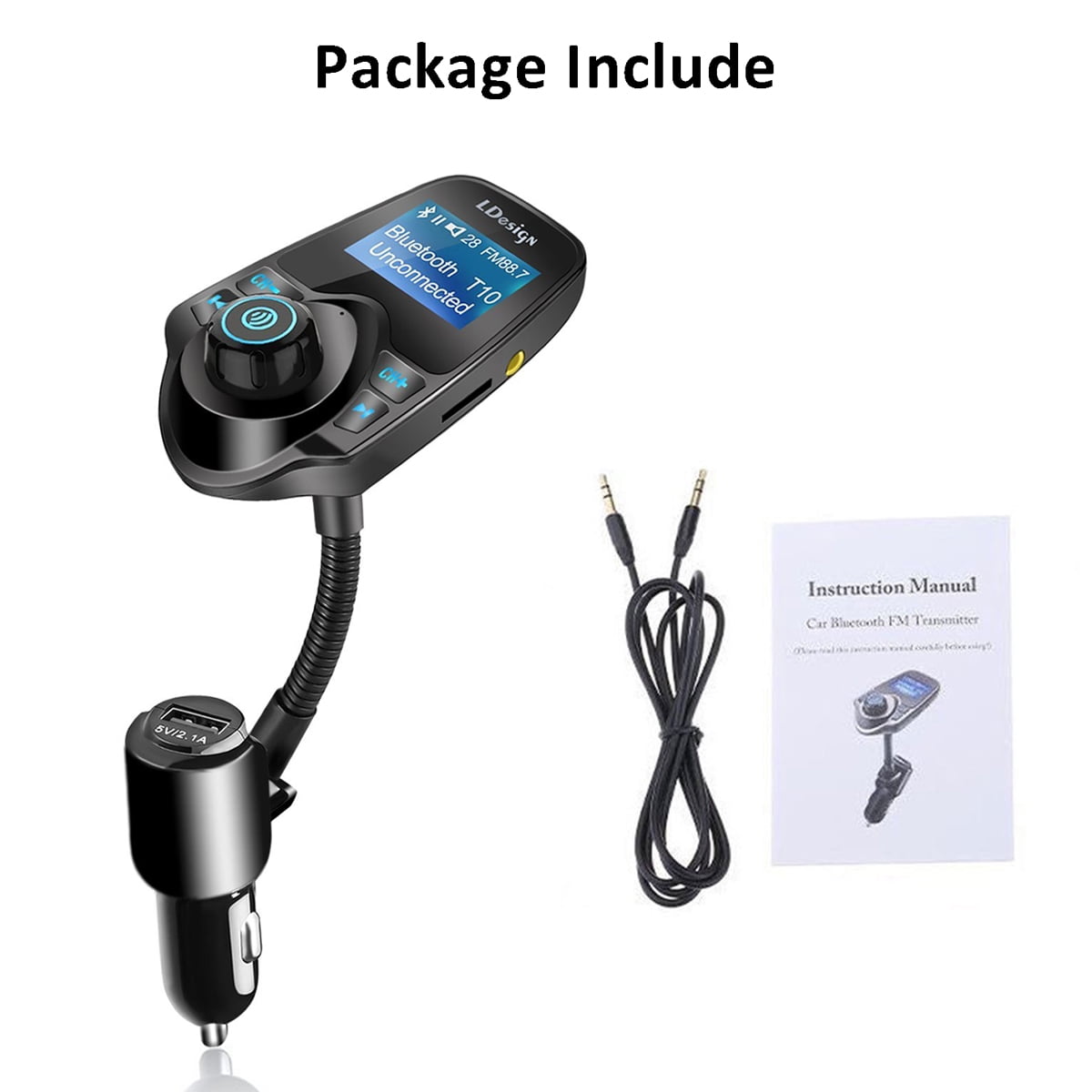 Wireless In-Car Bluetooth FM Transmitter Radio Adapter Car Kit with 1 44 Inch Display and Power On/Off Button USB Car Charger, Black