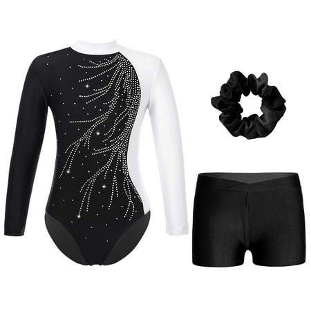 iixpin Kids Girls Gymnastics Outfits with Shorts and Headband Set Sparkle Long Sleeve Athletic Ballet Dance Leotards White&Black 8