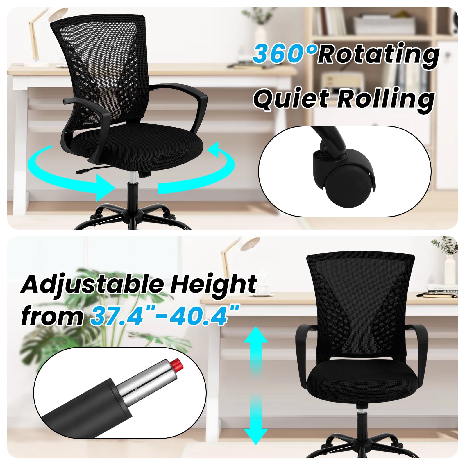 Dkelincs Office Desk Chair Adjustable Mesh Mid Back Office Chair Ergonomic Computer Chair with Lumbar Support & Wheels, Black