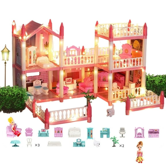 Doll Home Toy,Big Girl Toys,Dream Gift Princess  Playset with 2 Dolls, Lights, Furniture and Accessories  Pretend Play Toddler  for Kids 6 7 8  Year Old Gift,Pink