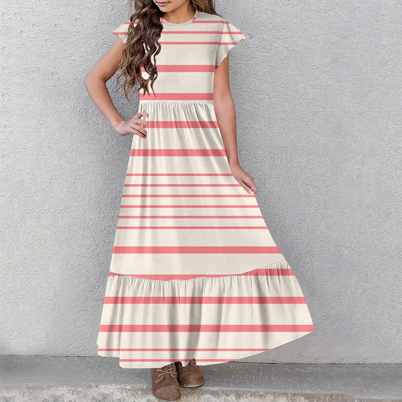 2025 Girls Dresses with Pockets 6-12 Years Kids Ruffle Short Sleeve Trendy Stripe Printed Crewneck Going Out Long Maxi Dress