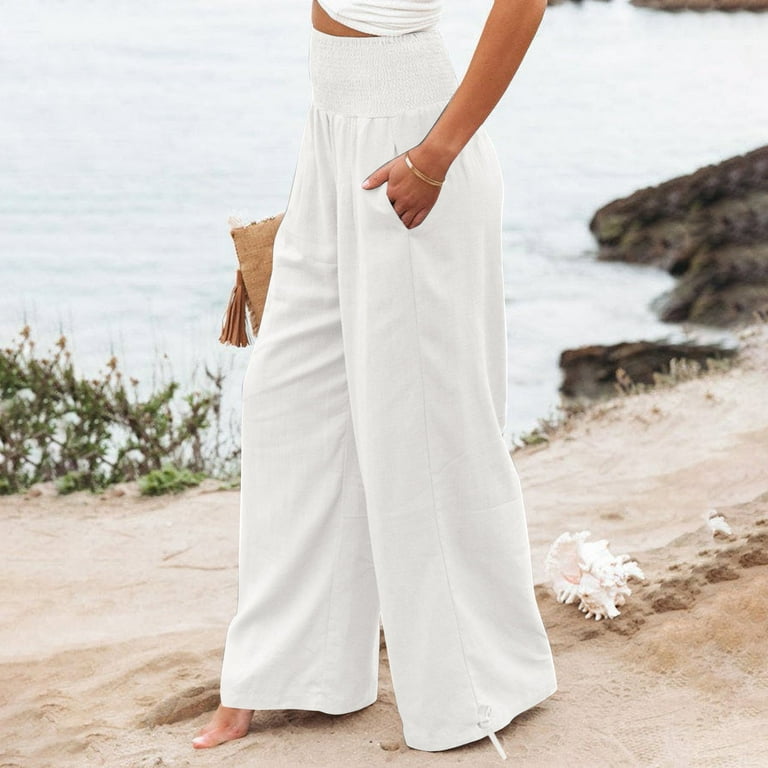 Susanny Womens Cotton Linen High Waisted Flowy Palazzo Pants