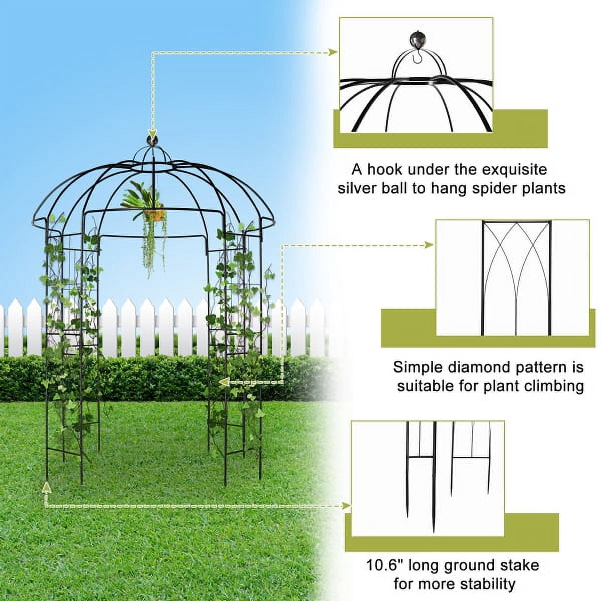 Black Wrought Iron Garden Gazebo Arch - 81.5" W w/Silver Ball Hooks & Diamond Trellis - Rustproof Plant Climbing Structure w/10.6" Ground Stakes