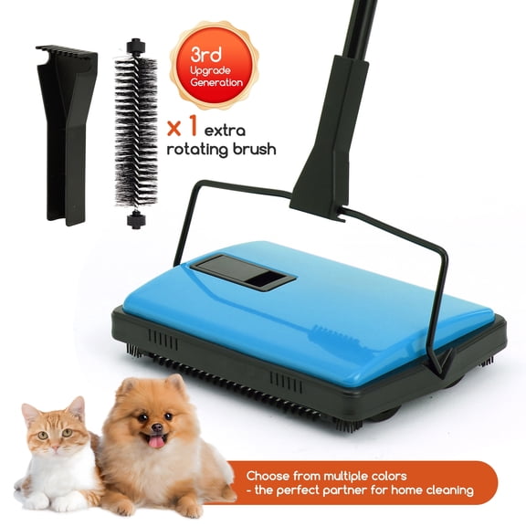 Reecoo Carpet Sweeper Manual - Non-Electric Push Broom for Low-Pile Carpets & Rugs, L Size, Blue