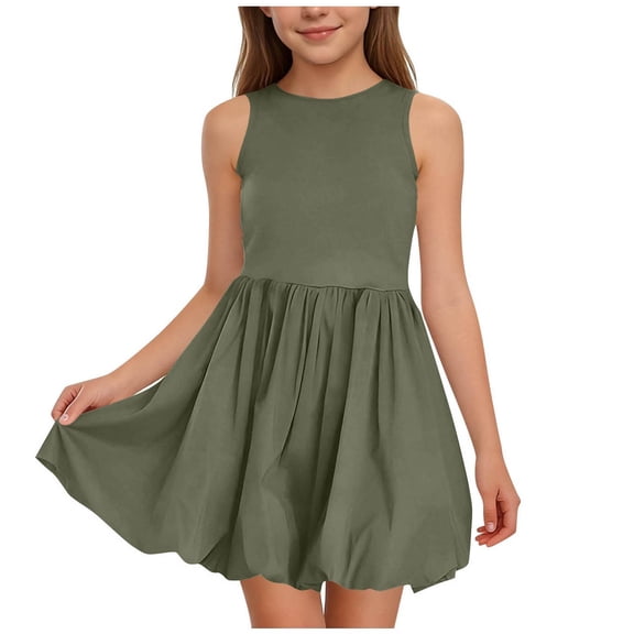 Scyoekwg Girls Dresses Summer Fashion Cute Solid Color Sleeveless Pleated Tank Dress Crew Neck Comfy Dresses, Army Green, 13-14 Years