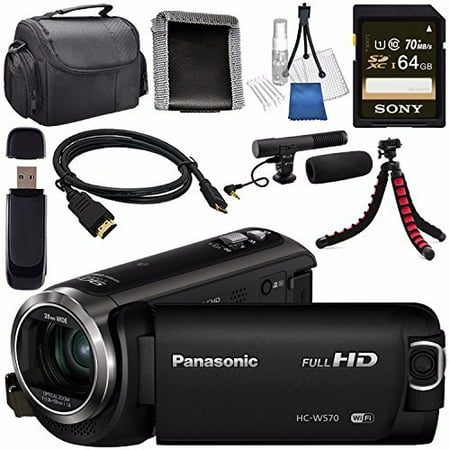 Panasonic HC-W570 HC-W570K HD Camcorder + Sony 64GB SDXC Card + Lens Cleaning Kit + Flexible Tripod + Carrying Case + Memory Card Wallet + Card Reader + Mini HDMI Cable + Condenser Mic