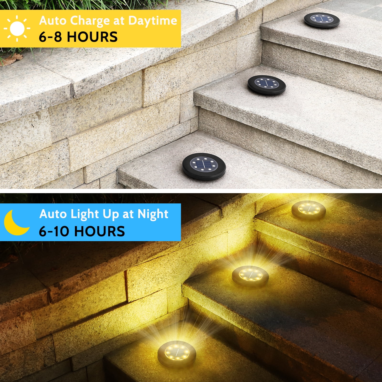 Solar Garden Lights In-Ground Disk 8 LED Warm Light Black Outdoor 8 Pack