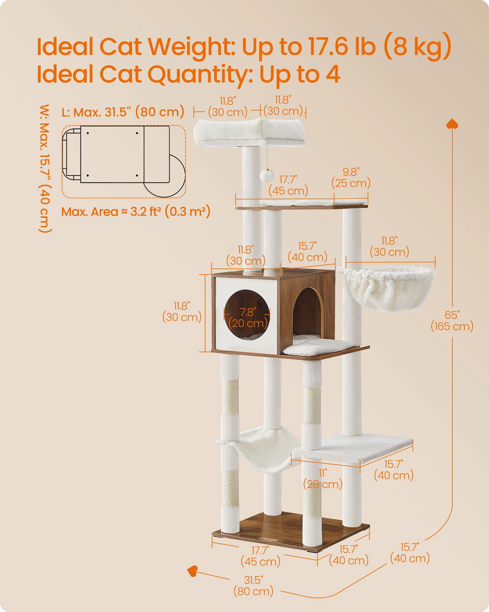 Cat Tree  65-inch Tall Tower Multi-level Condo With Cave Basket Hammock Pompom Posts Honey Brown Upct118k03