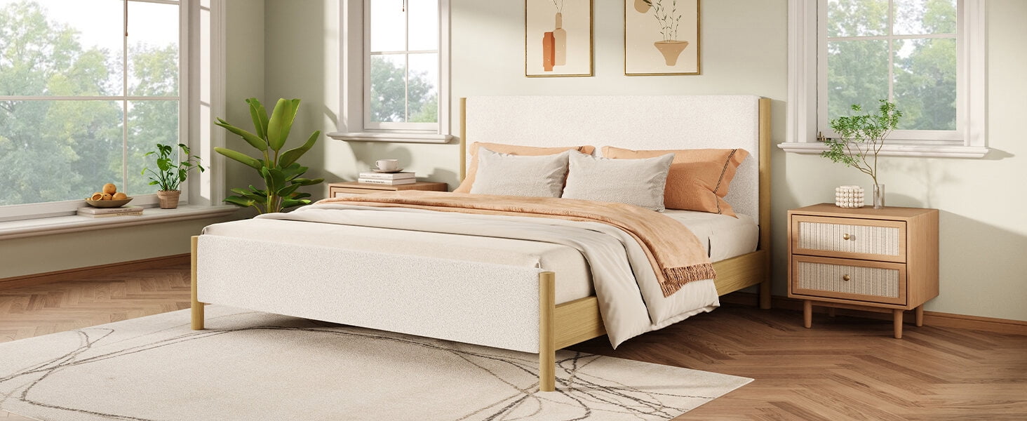 Bed Frames Modern White Boucle Upholstered Bed with Rubberwood Legs, Queen, White,Adjustable Bed Base