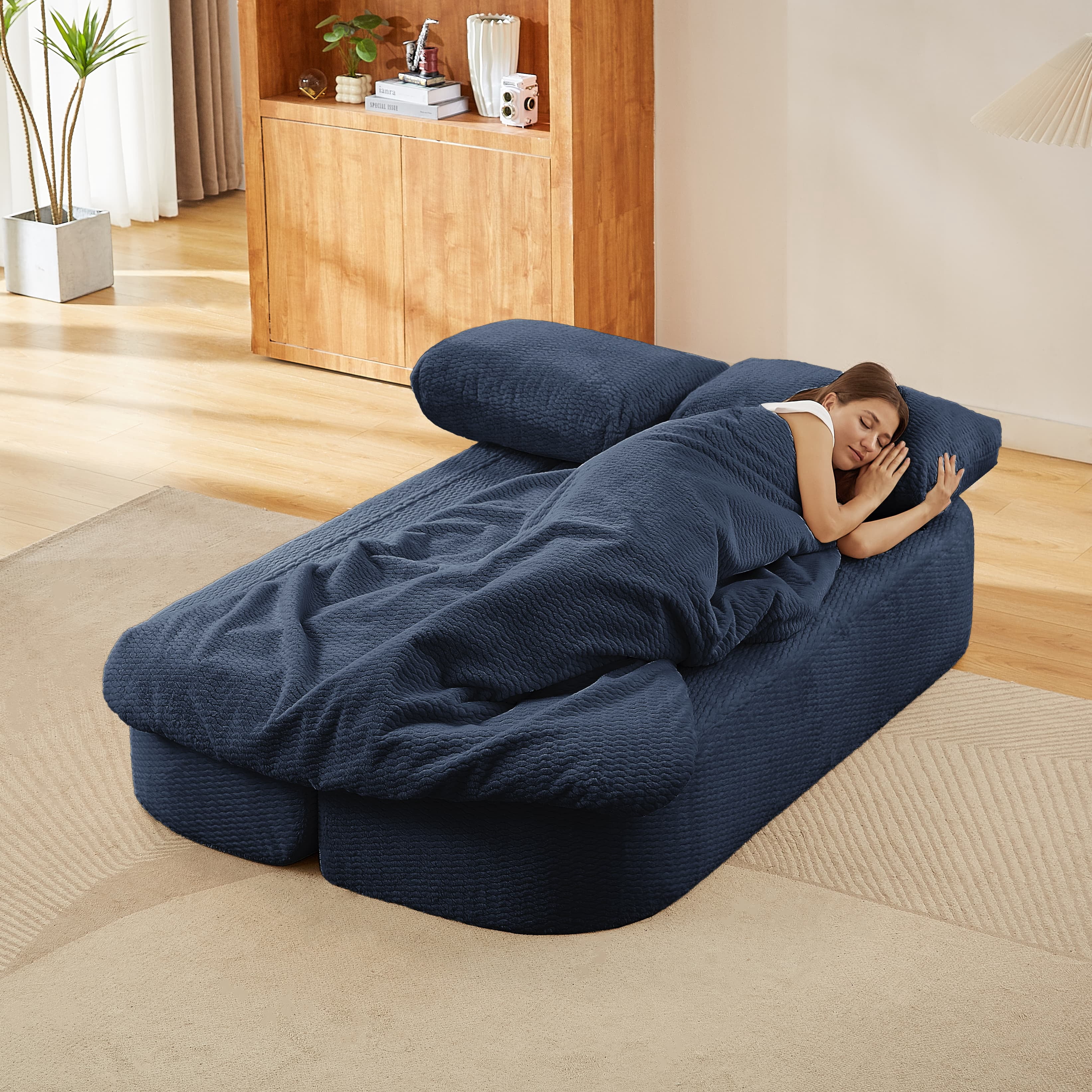 MAYEERTY Convertible Plush Sofa Bed, Modern Folding Compression Sleeper Couch for Living Room, 75*41*26"Dark Blue