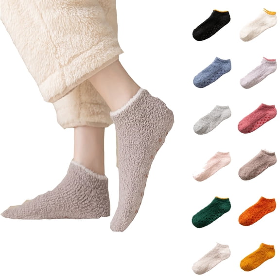Women's Coral Fleece Short Socks Thickened Anti Slip with Silicone Dots for Autumn Winter