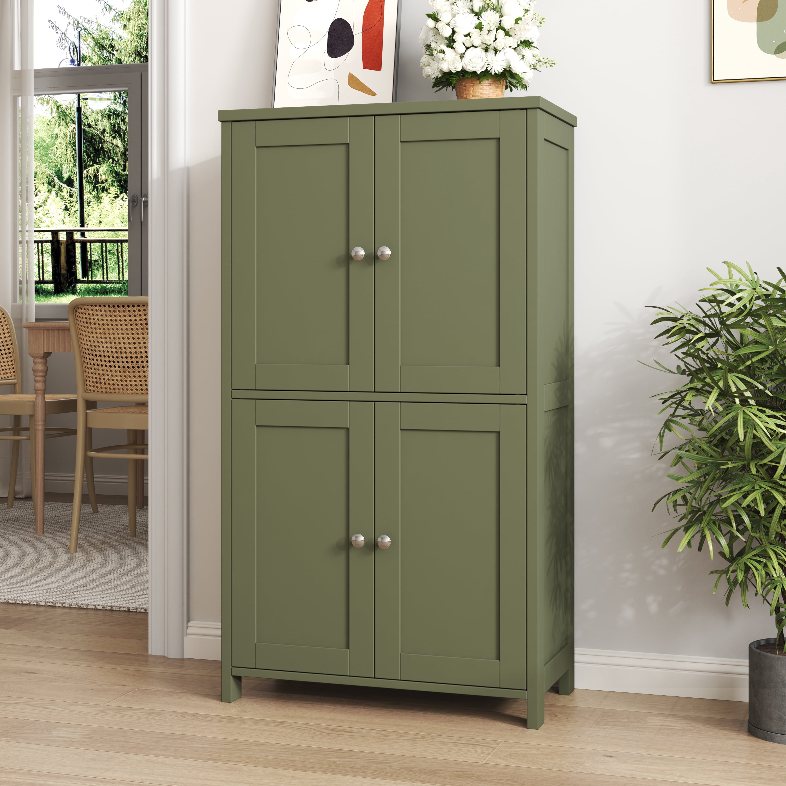Walsunny Freestanding Bathroom Floor Storage Adjustable Shelf with 4 Doors 43" Wooden Pantry Cabinet for Kitchen Small Spaces,Green