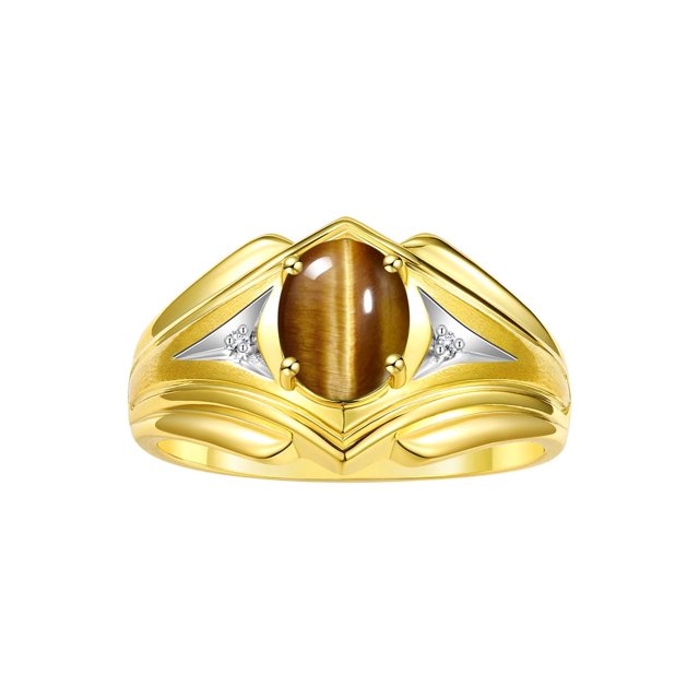 RYLOS Men's Rings 14K Yellow Gold Rings Classic Designer Style 9X7MM Oval Gemstone & Diamond Ring Tiger Eye November Birthstone Rings For Men Size 8