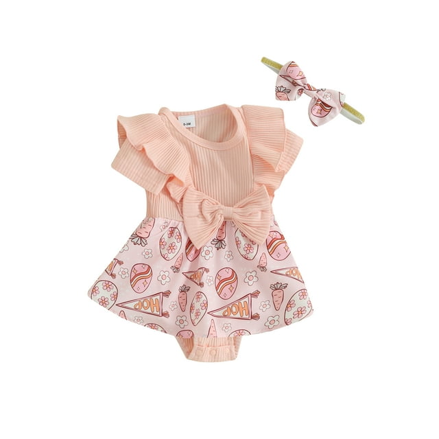Gupgi Baby Girl Easter Outfit Summer Short Sleeve Ribbed Rabbit Romper Dress with Headband