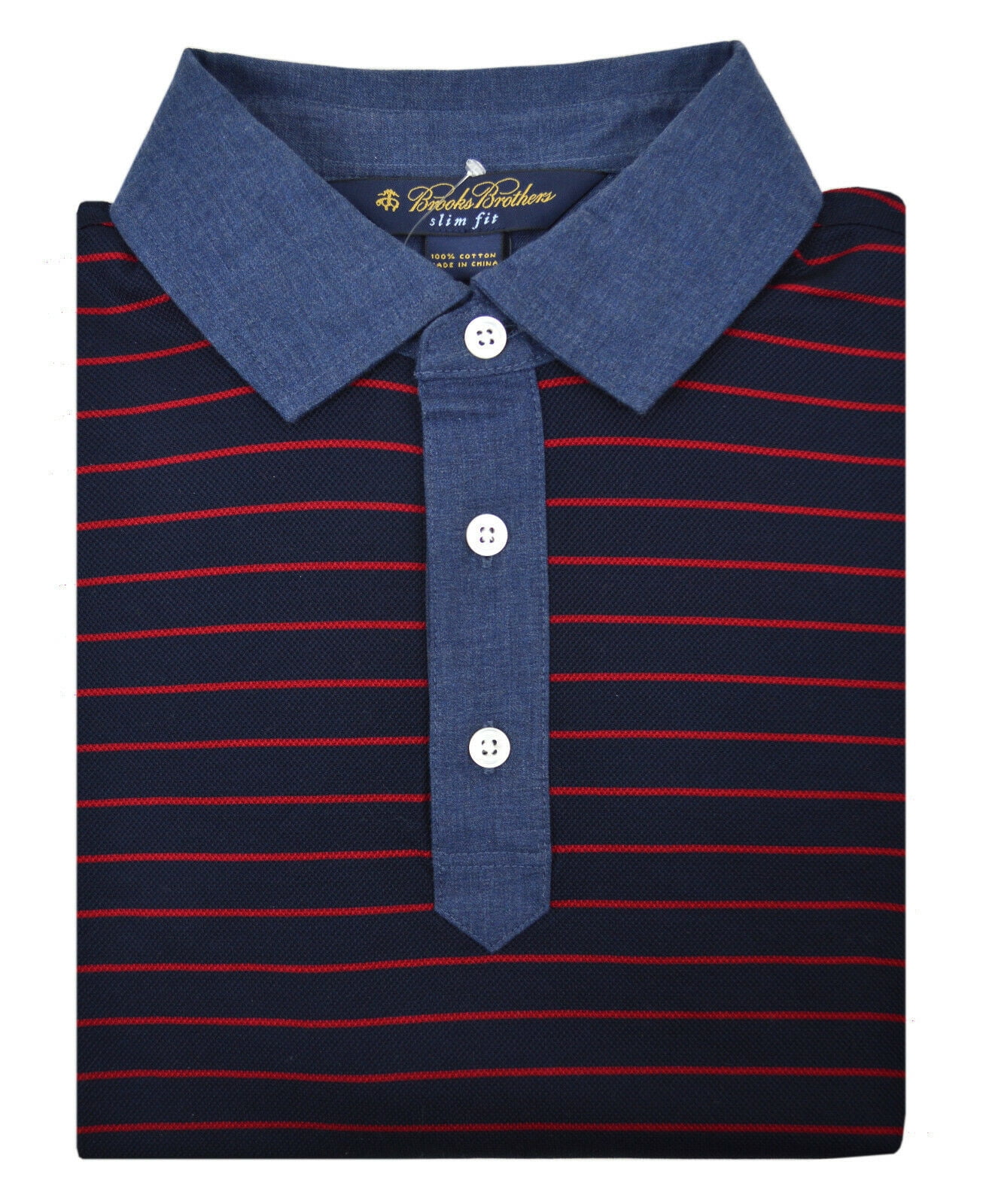 blue and red striped polo shirt