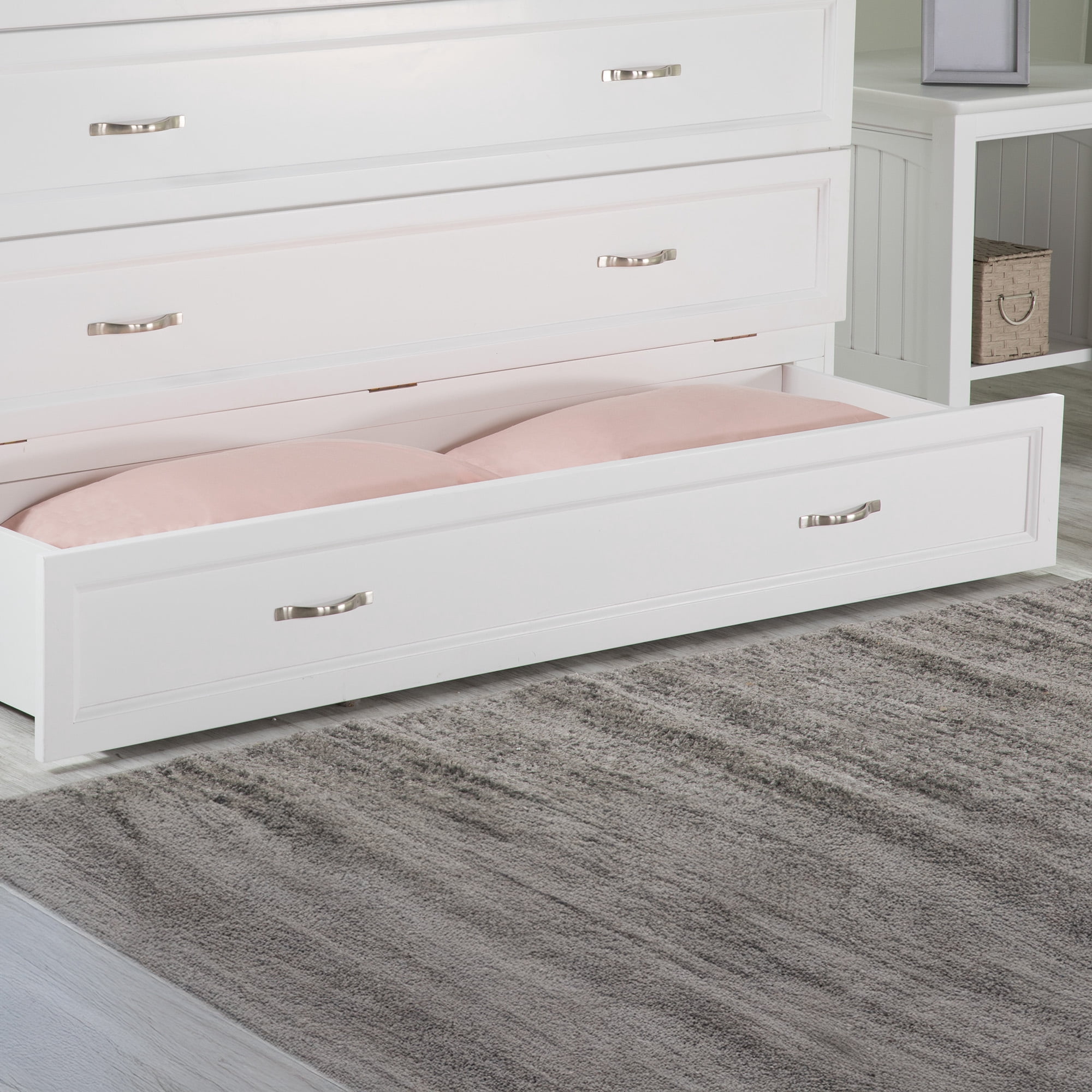AFI Deerfield Queen Solid Wood Murphy Bed Chest with Mattress, Drawer & Charger in White