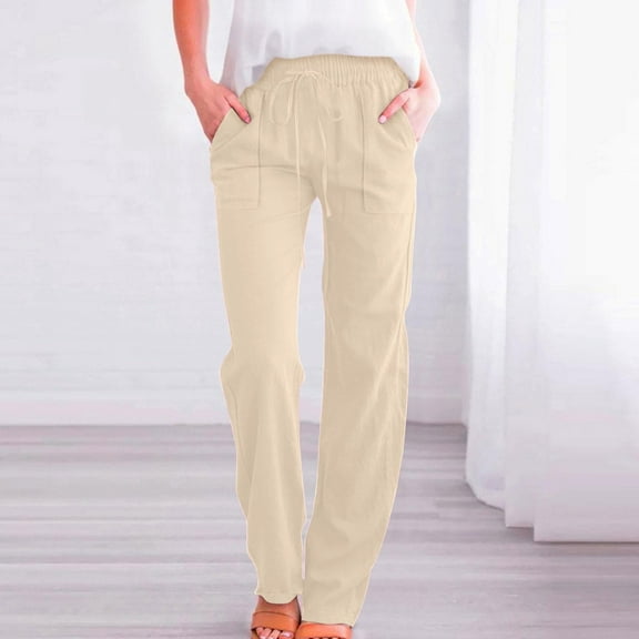 BILIKEYU Women's Cotton Linen Solid Color Casual Wide Leg Long Pants, Womens Pants Trendy, Casual Pants for Women, Jogging Pants for Women