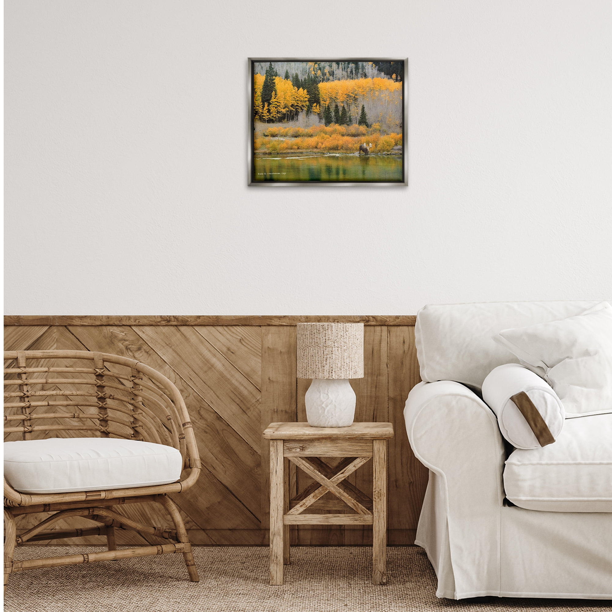 Stupell Industries Moose at Priest Lake Landscape & Nature Photography Gray Floater Framed Canvas Art Print Wall Art, 21 x 17
