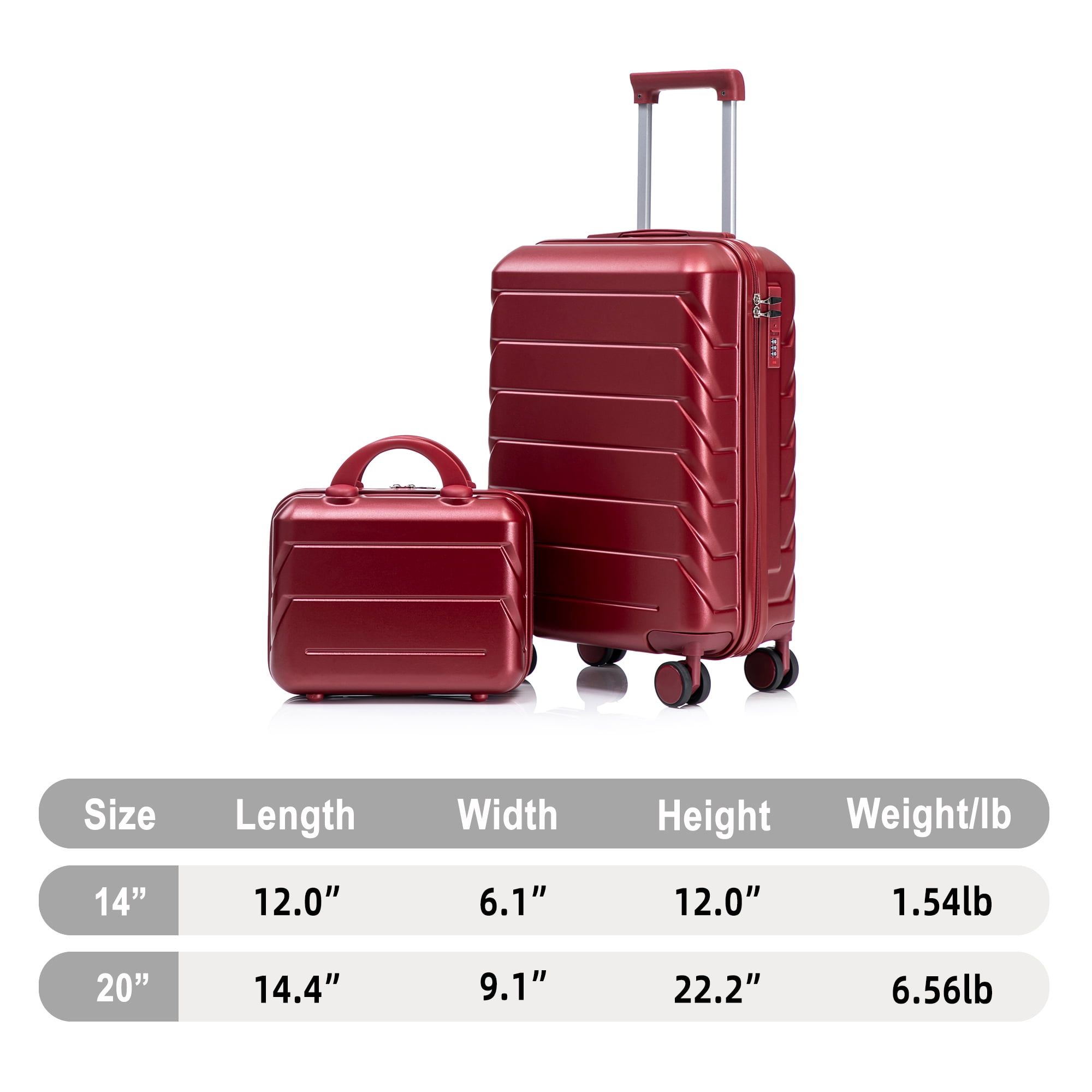 14"/20" 2 Piece ABS Spinner Wheel Luggage Set with Combination Lock & 14" Cosmetic Case, Wine Red