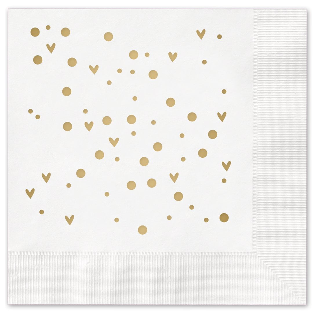Confetti Hearts and Dots Beverage Cocktail Napkins Set of 25 white paper napkins with gold... by