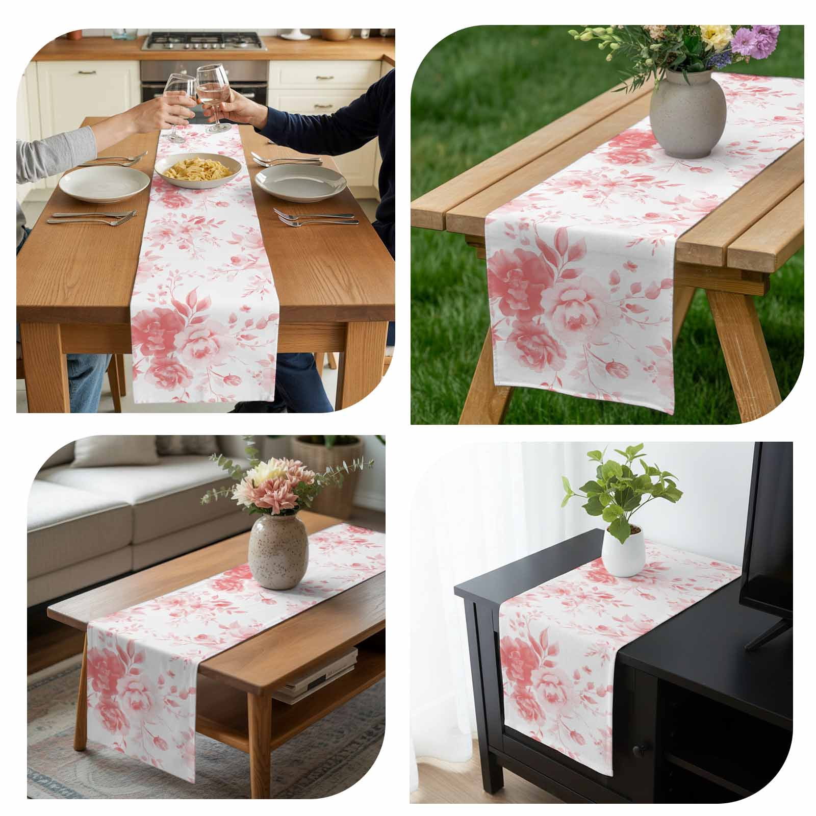 Spring Floral Cotton Linen Table Runner Classic Pink Gradient Flowers Dining Table Runners for Home Decor Party Dining Room Restaurant Kitchen 13" x 120"