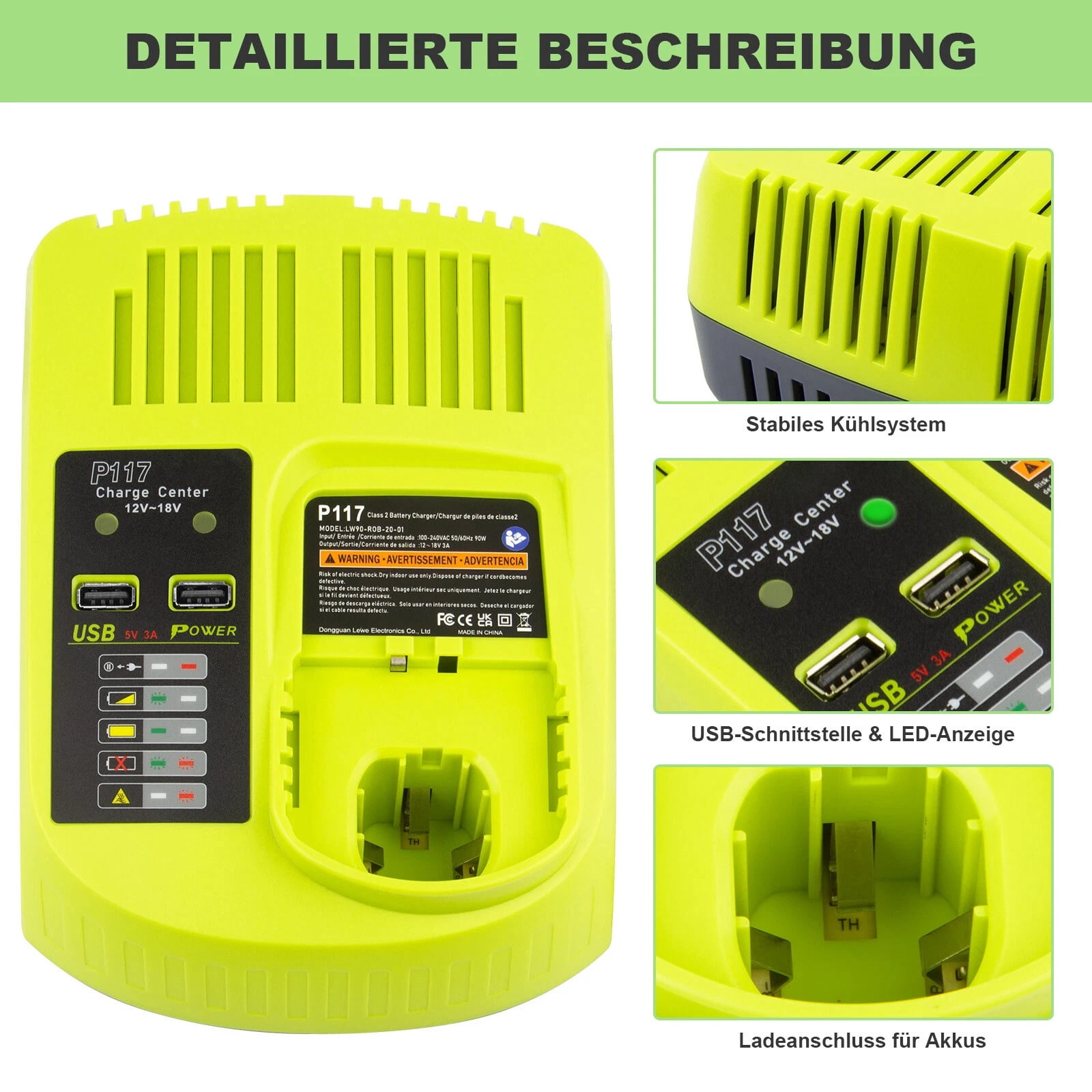 Replacement Ryobi P117 P118 P119 Dual Chemistry Charger Li-ion & Ni-cad Battery Charger 12V 18V MAX for Ryobi One+ Plus Battery 1400670 P122 P161 P162 P164 P189 P190 P191 P192 P193 P194 P197