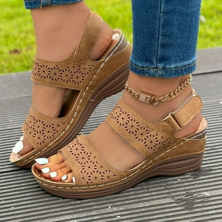 

UIX New Fish Mouth Slotted Buckle Wedge Platform Casual Women s Sandals Texture Surface Platform Heeled Sandals