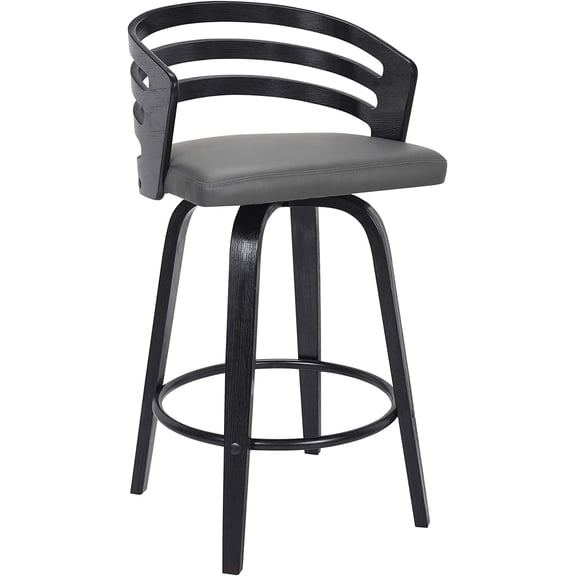 Jayden Modern 26" Seat Height Swivel Grey Faux Leather and Black Wood Bar Stool for Kitchen Island Counter
