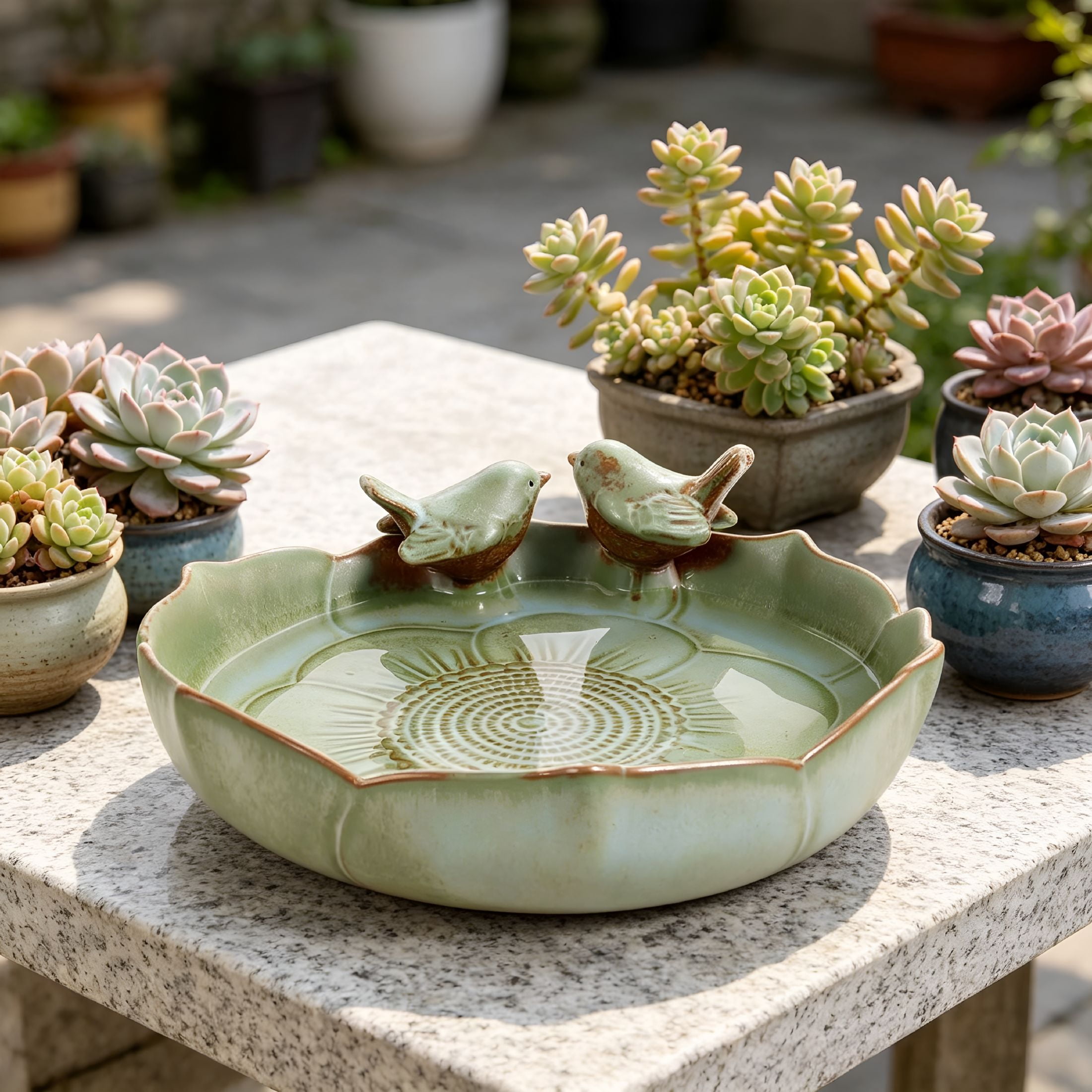 ACDANC Green Ceramic Bird Bath Bowl-9.45-Inch Ceramic Bird Baths for Outdoors,Durable Ground Bird Bath Bowl Ideal for Garden,Tabletop,Deck,Balcony&Lawn Use