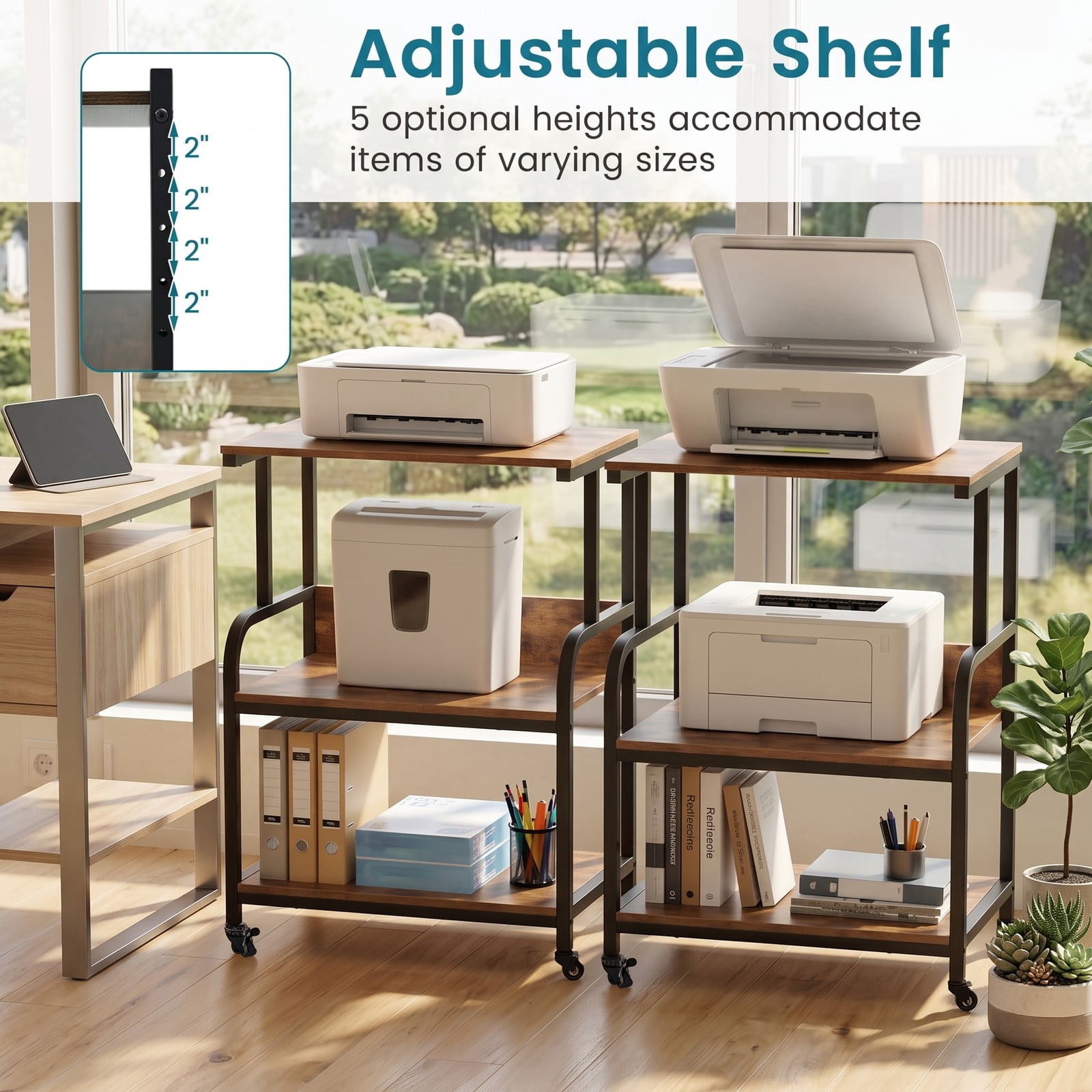 Furnibear 3-Tier Rolling Printer Stand, Mobile Printer Cart with 5-Level Adjustable Shelf and Lockable Wheels, Metal Frame Office Machine Cart for Home, Rustic Brown