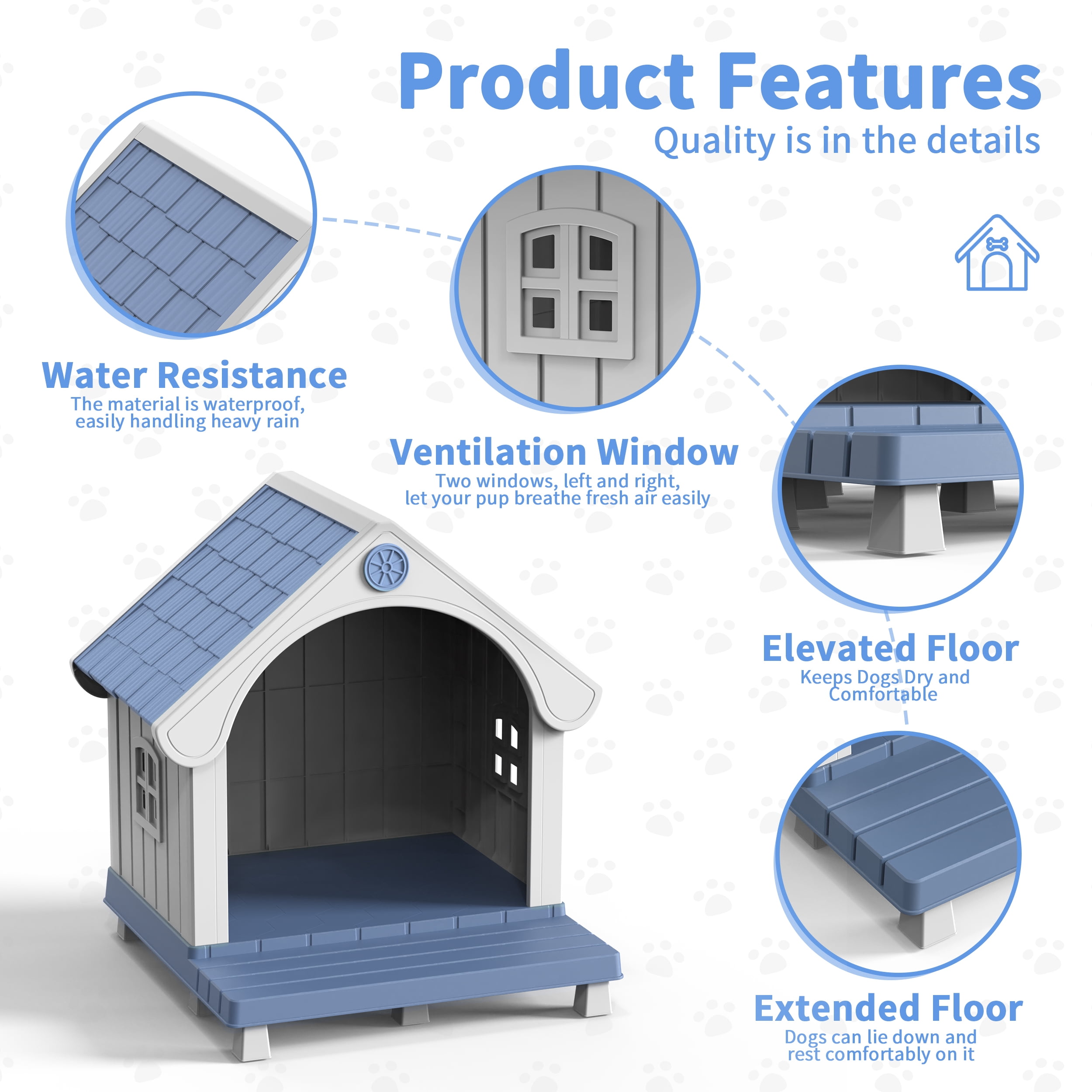 fazzn Elevated Resin Dog House with Porch, Weatherproof Outdoor Pet Shelter for Small to Medium Dogs, Easy Assembly & Durable.Blue,Father's Day Gift