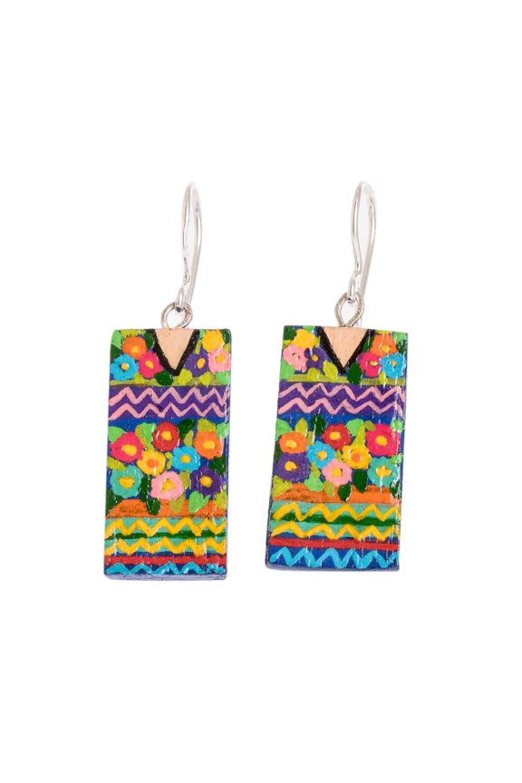 Wood dangle earrings, 'San Antonio Huipil'