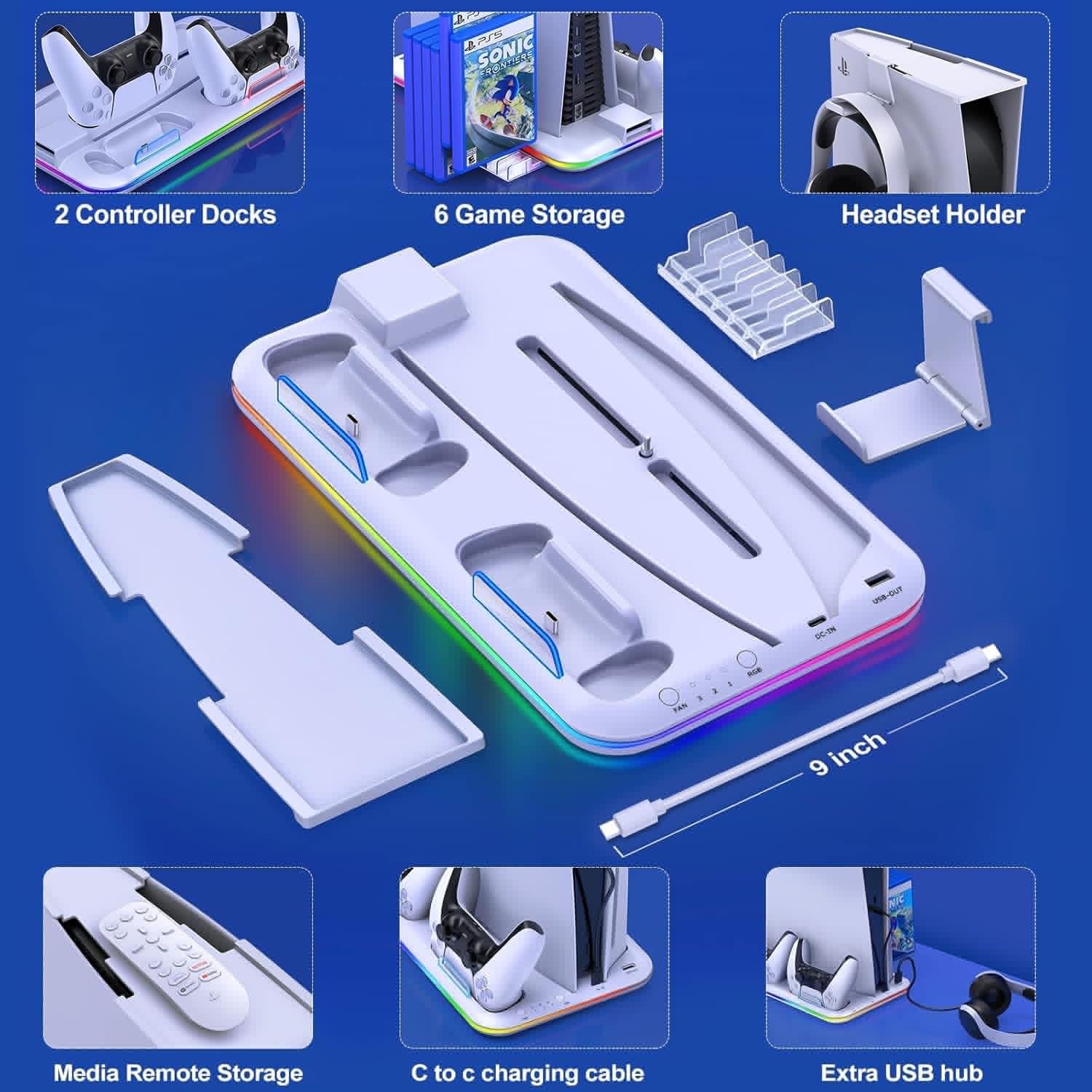 thumbnail image 5 of Cooling Station for PS5 with RGB Light Cooling Fan for PS5 Disc & Digital Editions Game Controllers Charger Station, Headset Holder, 6 Game Slots-White, 5 of 8
