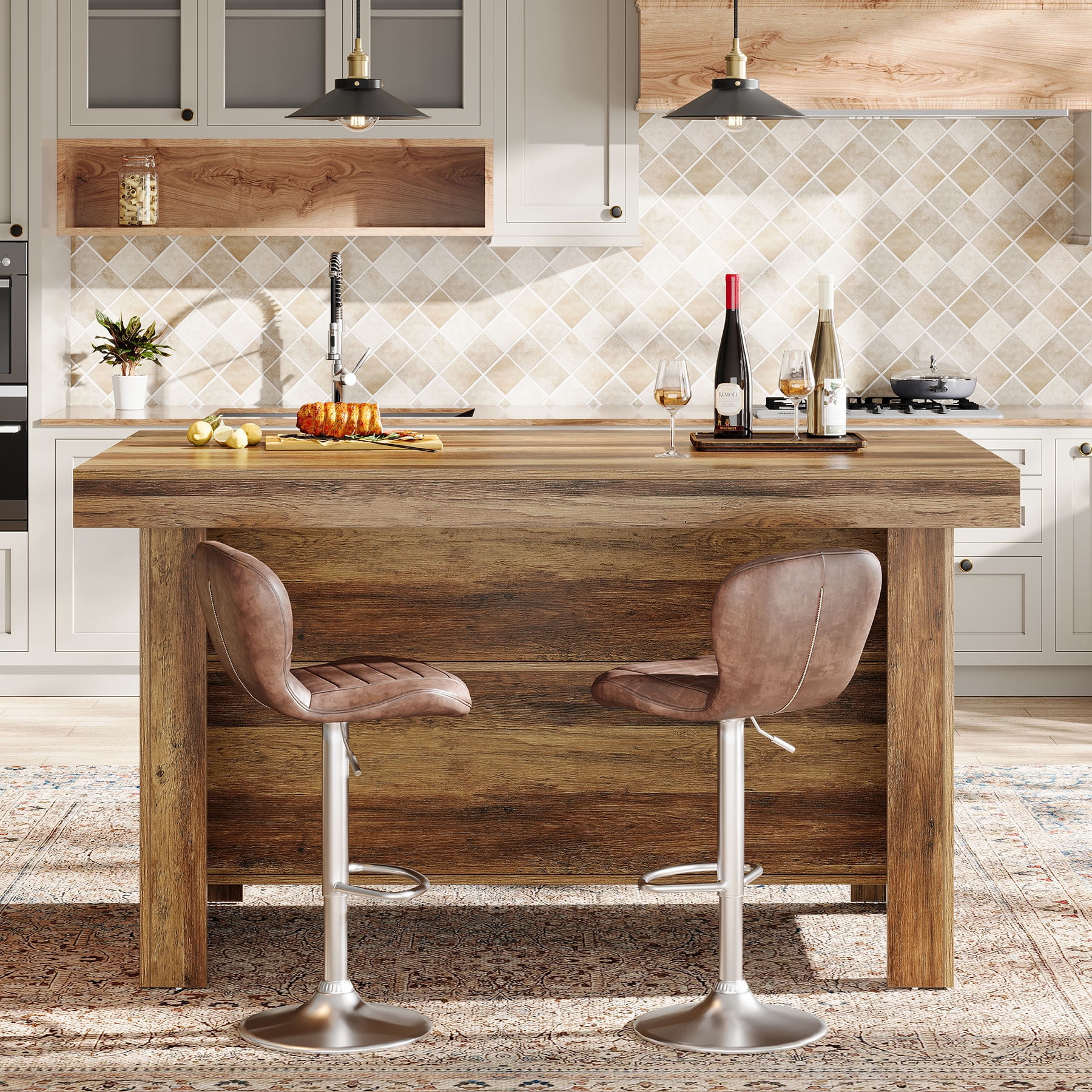 Finmind 3-Tier Farmhouse  Kitchen Island with Storage Shelf, 55-Inch Wooden Stationary Island Table with Large Worktop for Kitchen, Rustic Brown