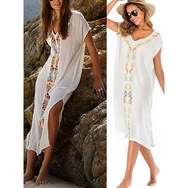 Plus Size Ladies Cotton Linen Kaftans Swim Beachwear Cover Ups for
