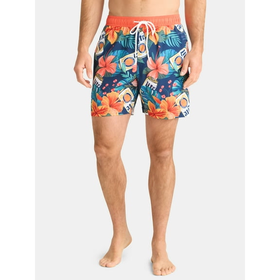 Miller Lite Men's and Big Men's The Lite Tropics Graphic Swim Shorts, Sizes S-3XL