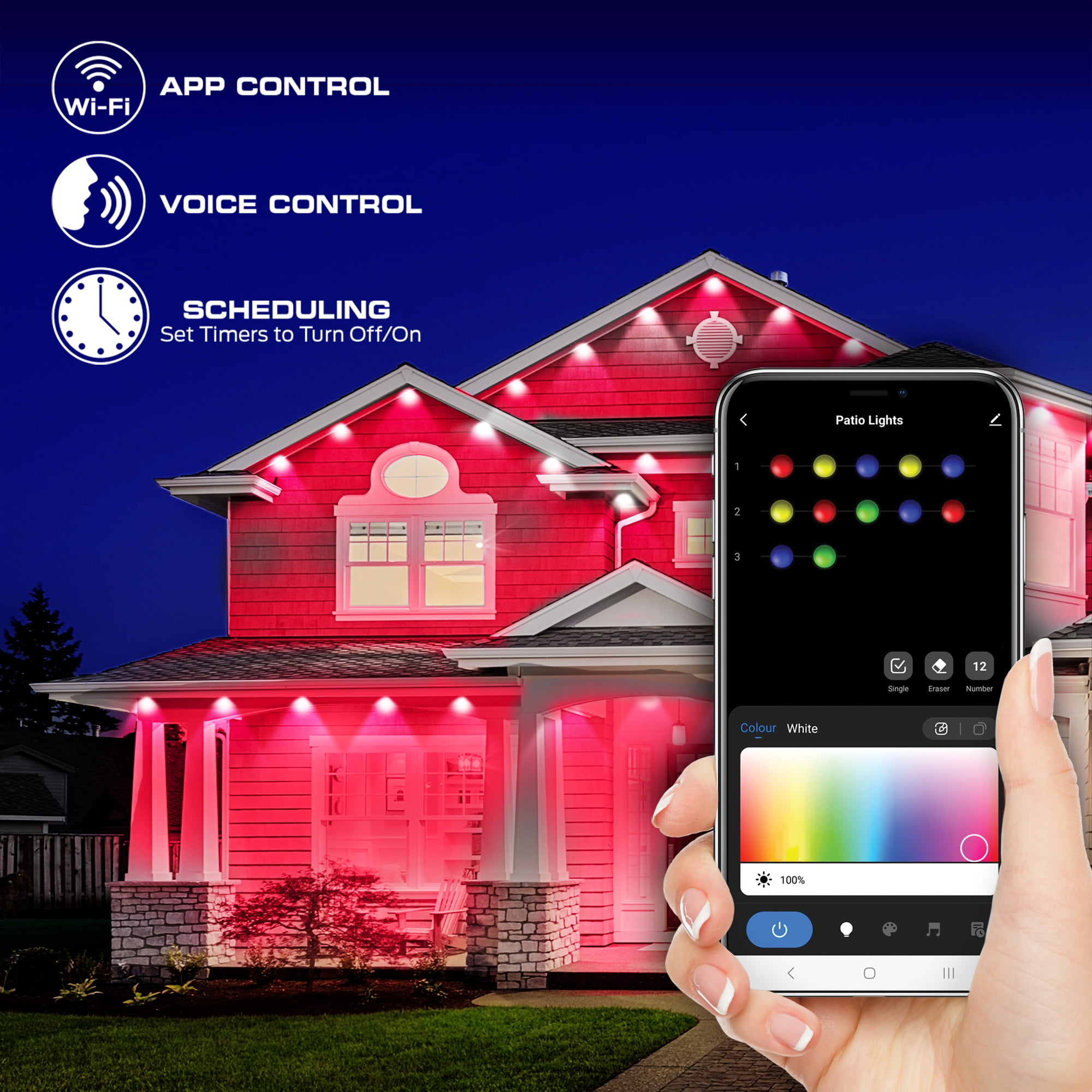 Energizer Smart WiFi Outdoor RGB+IC Eaves LED String Lights, Weatherproof, 100 ft, for Christmas, Halloween, Party, Gameday and More