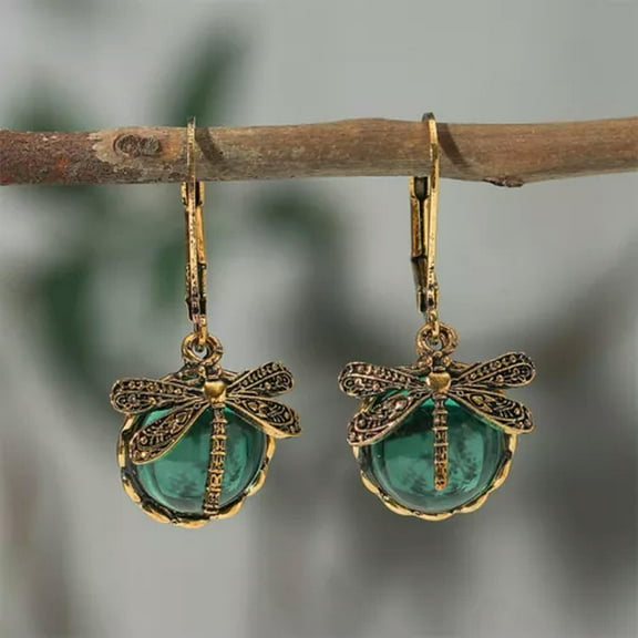 HOOUN Women Jewelry Vintage Earrings Dragonfly Drop Earrings Moonstone Jewelry Antique-Dark Green