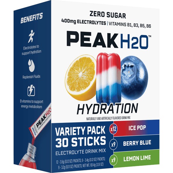 Peak H2O Hydration Electrolyte Drink Mix Variety Pack, Sugar-Free, 30 Count