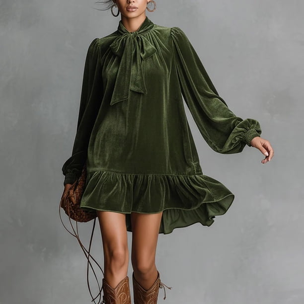 TaTaai Vintage Velvet Dress for Women, Stand Collar Puff Sleeve Elegant Gown, Loose Ruffle Hem Shift Dress, Perfect for Christmas and Winter Parties Gift