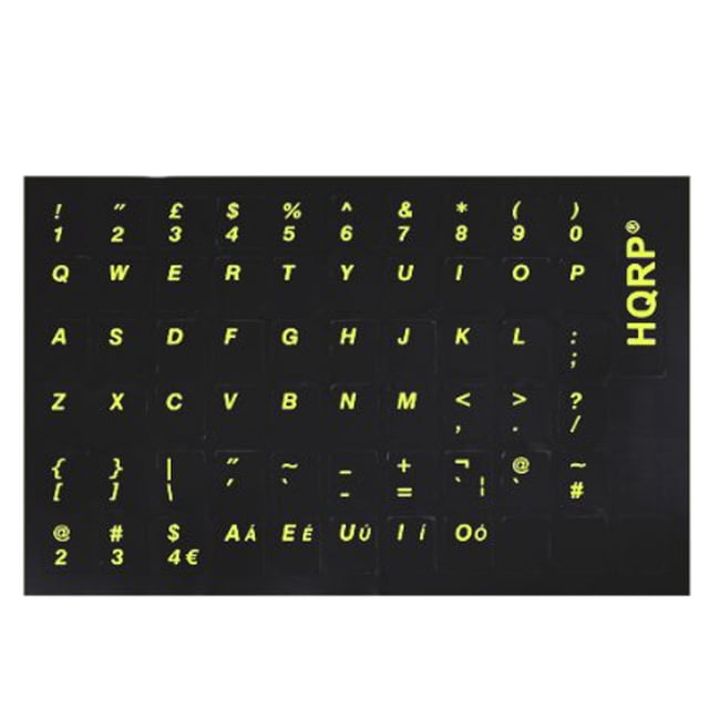HQRP English Keyboard Stickers Yellow Lettering on Black Background works with All PC / Laptops / Desktops