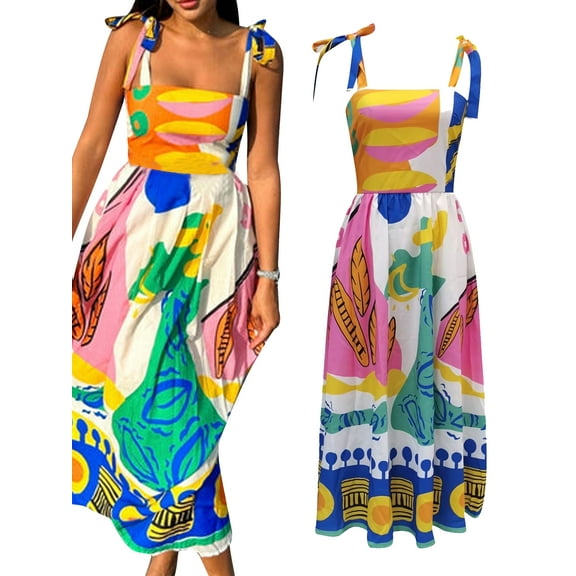 Baby Sweetie Women's Bohemia Dress Sleeveless Tie Shoulder Strap Square Neck Summer Long Flowy Dress for Beach