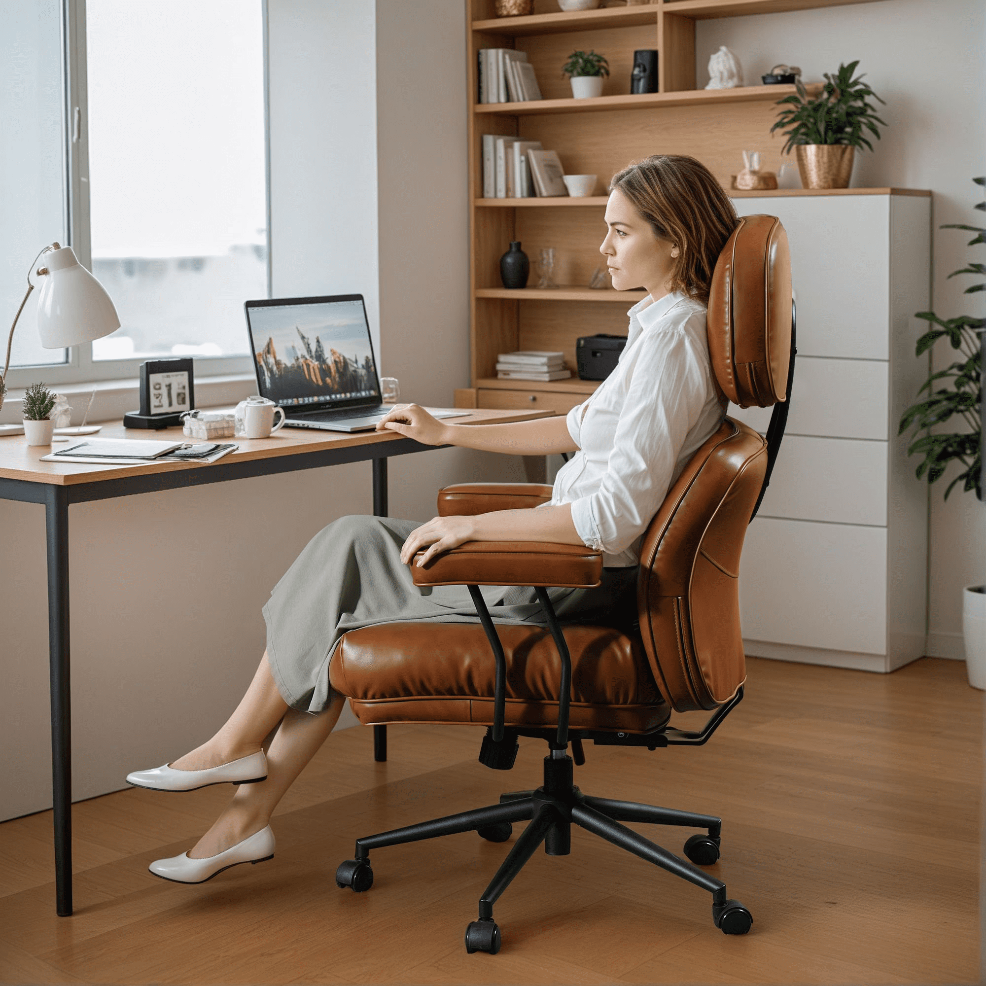 Vcatnet Ergonomic Executive Office Chair, High Back Computer Chair with Lumbar Support, PU Leather Mid-Century Modern Adjustable Home Office Desk Chair, Brown