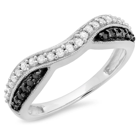 0.30 CT 18K White Gold Round Black & White Diamond Ladies Anniversary Wedding Band Stackable Ring