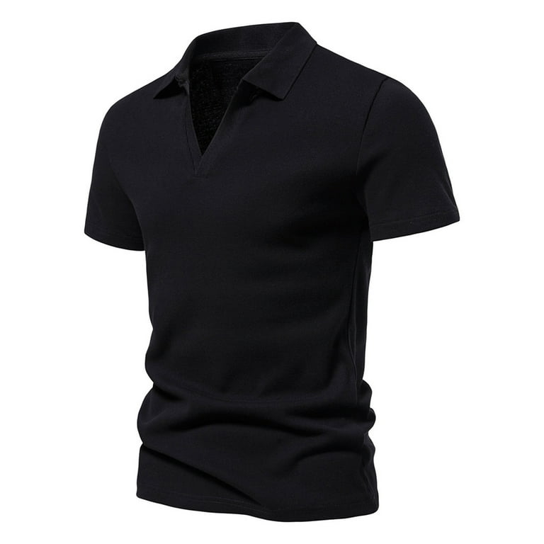 Huk Fishing Shirts For Men Black Dress Shirts for Men Fashion Men's Casual  Slim Turndown Collar Solid Color Short Sleeve T Shirt Tops Blouse Cotton  tshirts for Men Gym Shirts,Black,XXL 