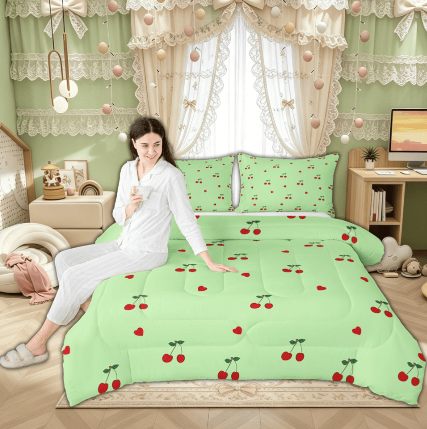 Manfei Green Cheryy Teens Full Size Comforter Sets for Kids Girls, Cartoon Princess Love Heart Bedding Comforter Set, Reversibles, 3pcs