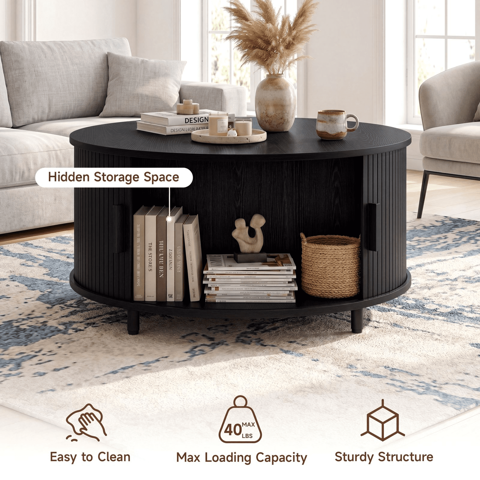 ROGALIS 31.5" Round Coffee Table with Storage, Modern Coffee Table with 360° Curved Sliding Door, Fluted Wood Coffee Table with Adjustable Footpads for Living Room, Black