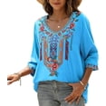 thumbnail image 3 of Higustar Womens Tops Summer Embroidered Blouses Dressy Casual Ladies Plus Size V Neck 3/4 Sleeve Peasant Mexican Tops - Cotton Rayon-328/H-Dark Blue-3XL, 3 of 10